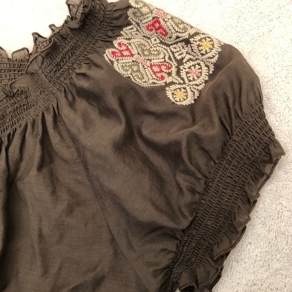 Joie Brown Embroidered Wooden Buttons Silk Blend Short Sleeve Blouse Top Small - Picture 6 of 16